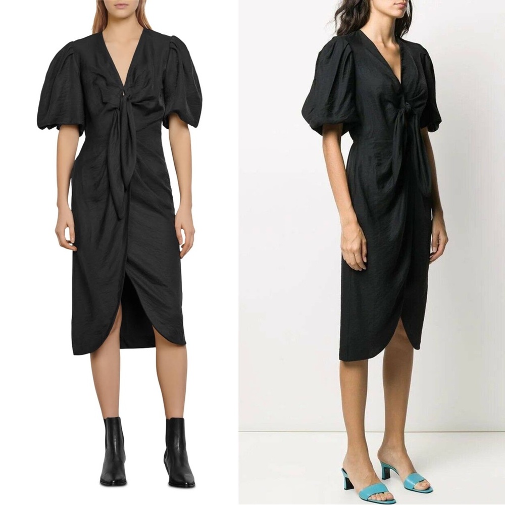 SANDRO Black Linen Tie Front Puff Sleeve Wrap Skirt Bloane Blum Midi Dress S - Picture 4 of 17